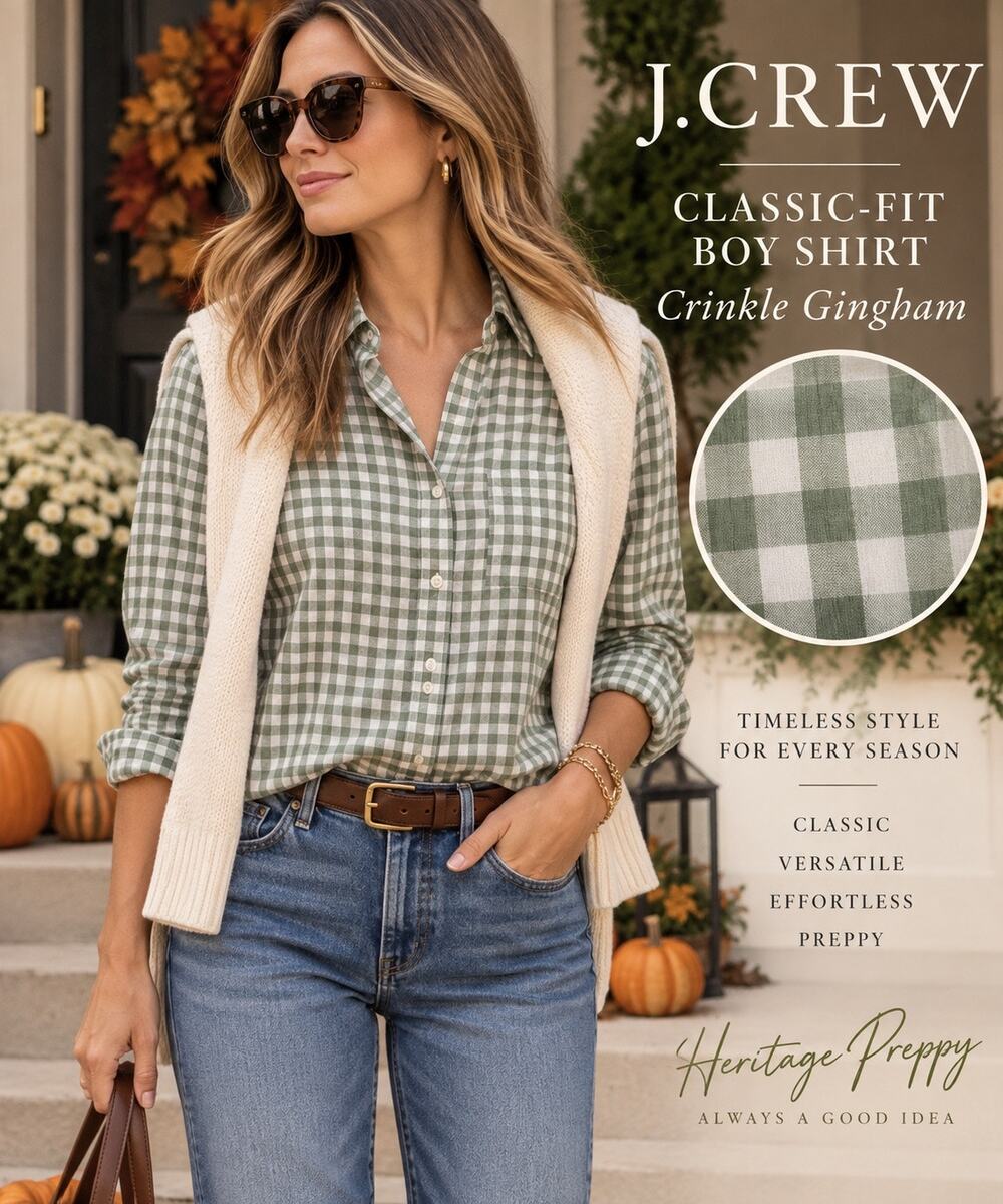 Heritage Preppy Fall Layering Gingham Button Down J.Crew Boy Shirt Green White